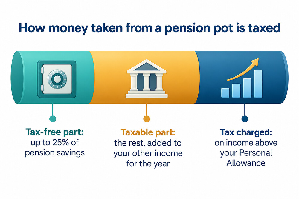 How a withdrawal from a pension pot is split between tax-free cash and taxable income