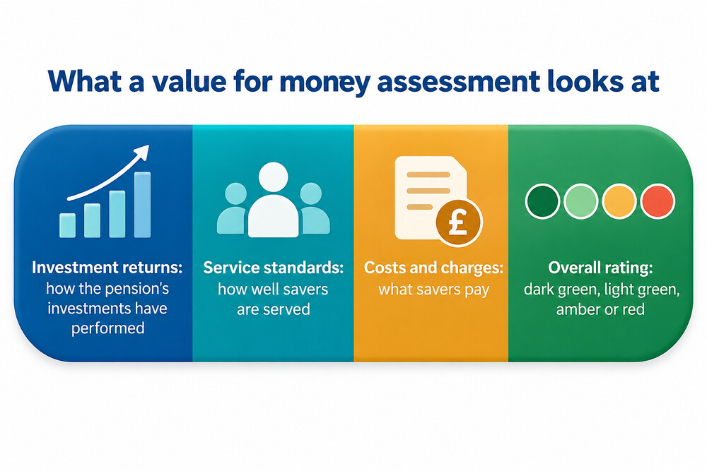 A diagram showing the three parts of a value for money assessment: investment returns, service standards, and costs and charges, feeding into a single colour rating