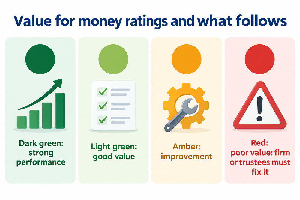 A diagram of the four value for money colours from dark green to red, with what each colour means