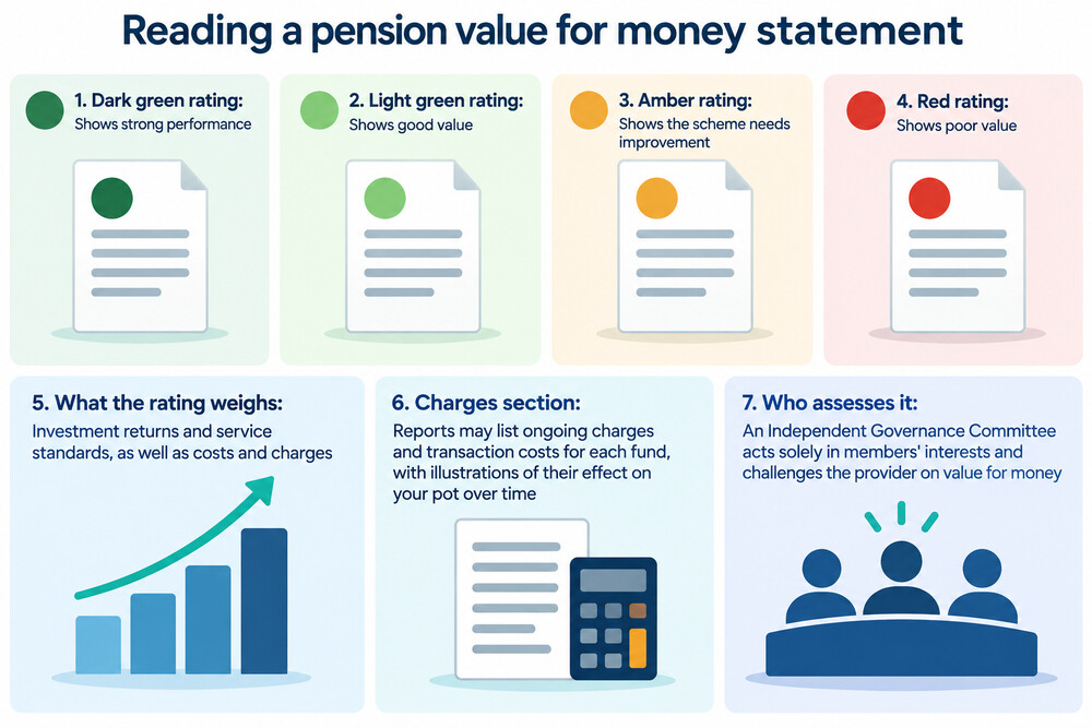 An illustration of a pension statement showing a value for money colour rating alongside the annual figures