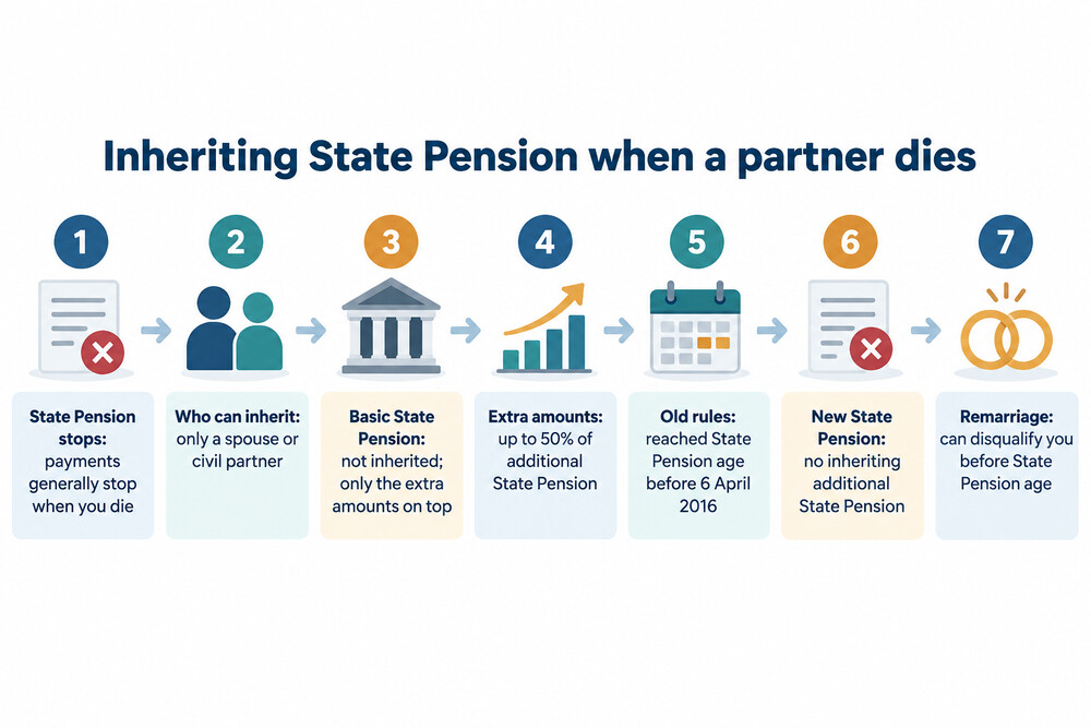 A simple diagram showing State Pension stopping at death, with only a spouse or civil partner able to inherit the extra amounts