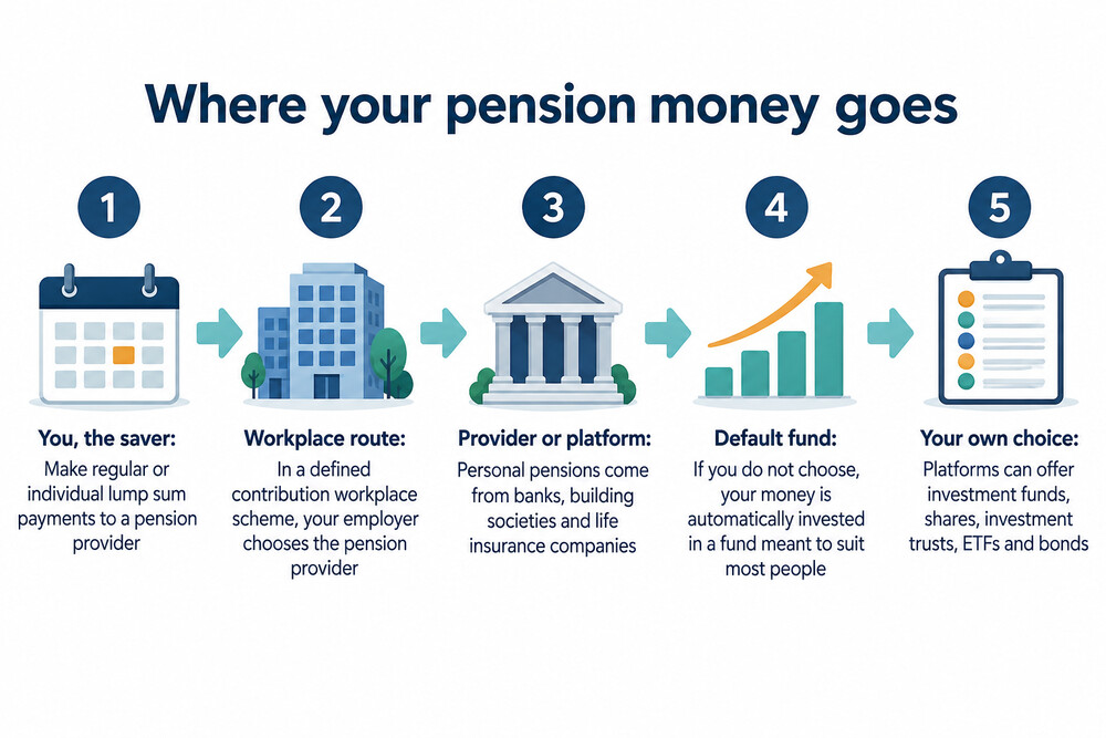 A diagram showing how money moves from a saver to a pension provider, then to an investment platform, and into funds run by fund managers