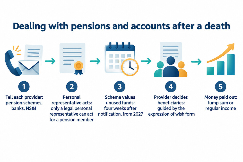 Steps a family typically takes to deal with pensions and accounts after a death