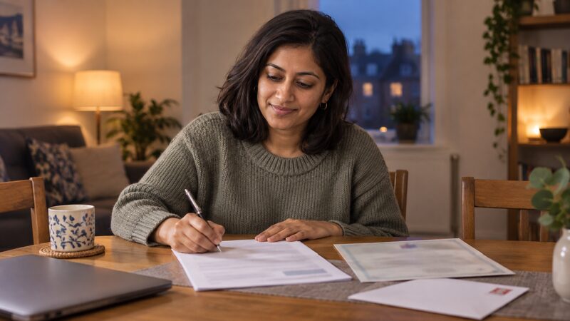 A woman sits at a dining table writing on a claim form with a certificate and envelope beside her.