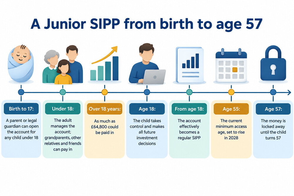 A timeline showing a child's lifetime with a Junior SIPP, from the account being opened in childhood to access at the minimum pension age
