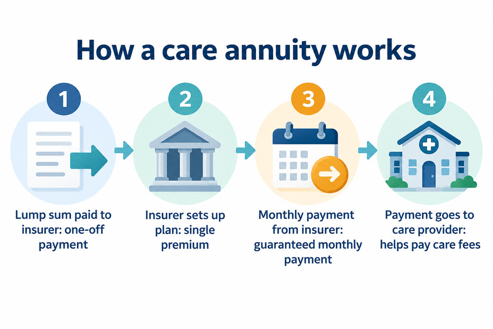 A simple diagram showing a lump sum paid to an insurer, and a monthly payment going from the insurer to a care home