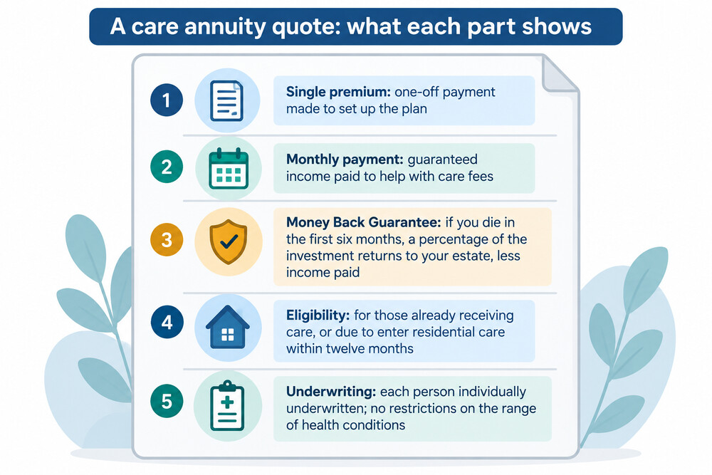 A document a reader would receive: a care annuity quote showing the single premium and the monthly payment