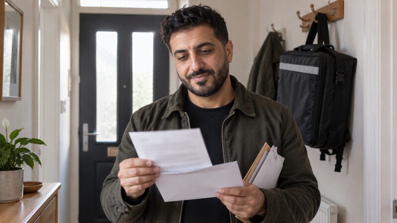 A man stands in his hallway reading an opened letter, with a delivery bag hanging behind him.