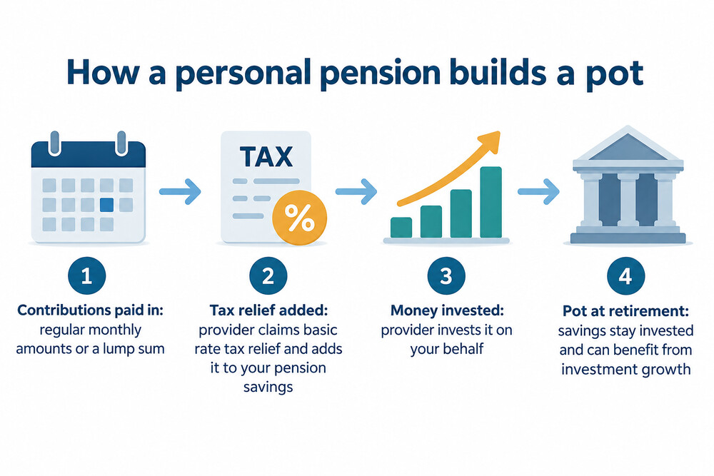 A simple flow showing contributions going in, tax relief added, money invested, and a pot at retirement