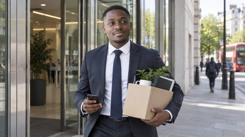 A young man walks out of an office building carrying a small box of belongings and his phone.
