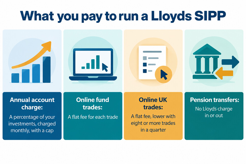 A breakdown showing the annual account charge, fund trade fees and UK trade fees that make up the cost of running a Lloyds SIPP