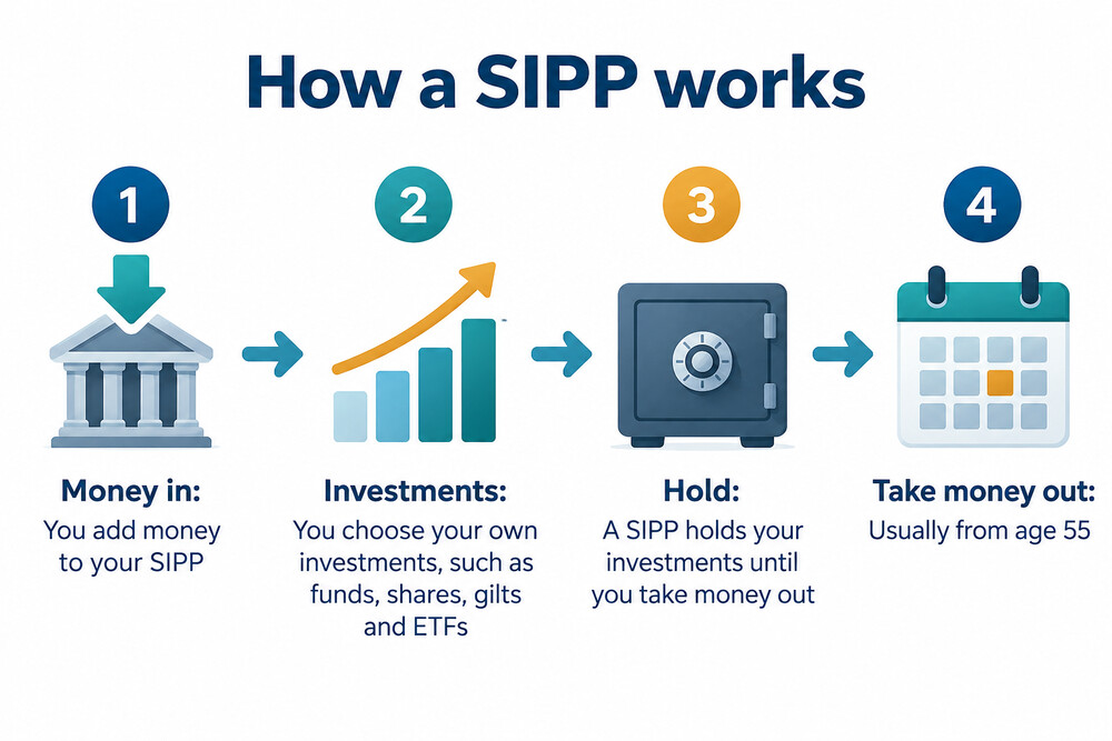 A diagram showing money flowing from your contributions and transferred pensions into the Lloyds SIPP, and out again as lump sums or drawdown income in retirement