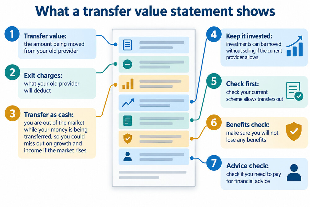 An example of a transfer value statement, the document your current provider sends showing how much your pension is worth and any exit charges