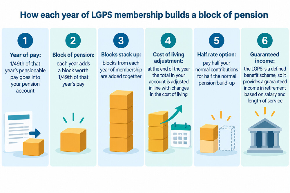 A simple diagram showing a year of LGPS pay producing a block of pension, with the blocks stacking up year by year