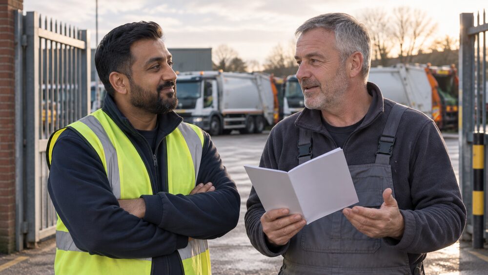Two workers chat by depot gates at the end of a shift, one holding a brochure.