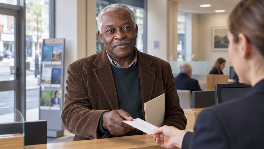 Man at a bank counter receives a slip from a clerk while holding a folder.
