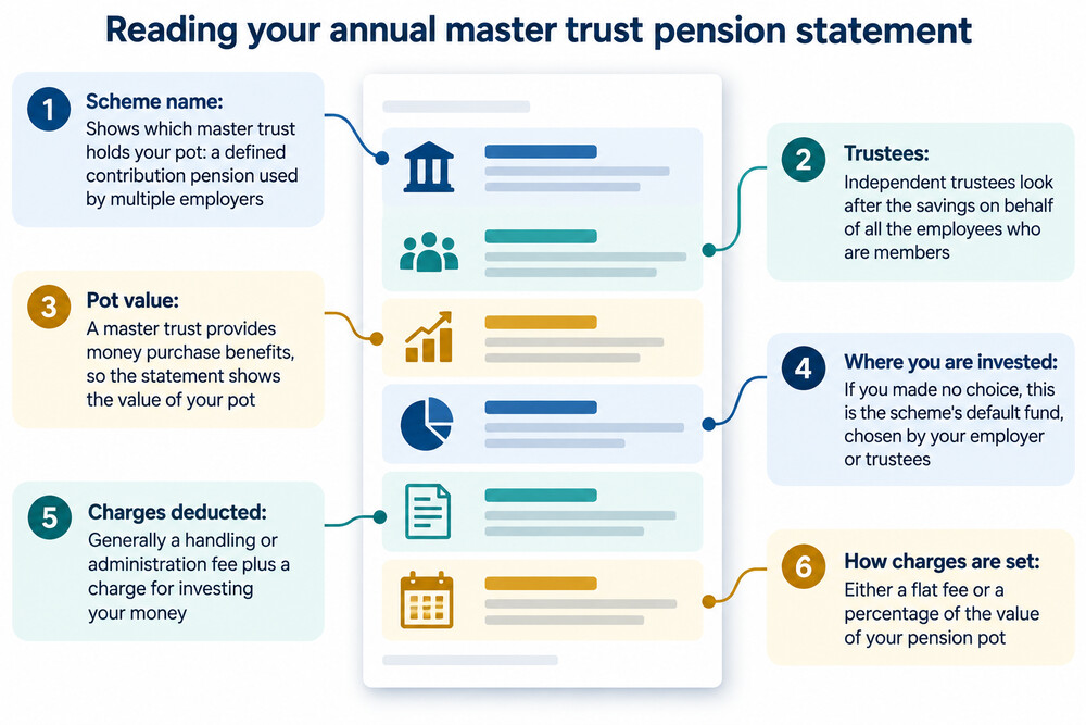 A workplace pension annual statement showing the scheme name, pot value and charges