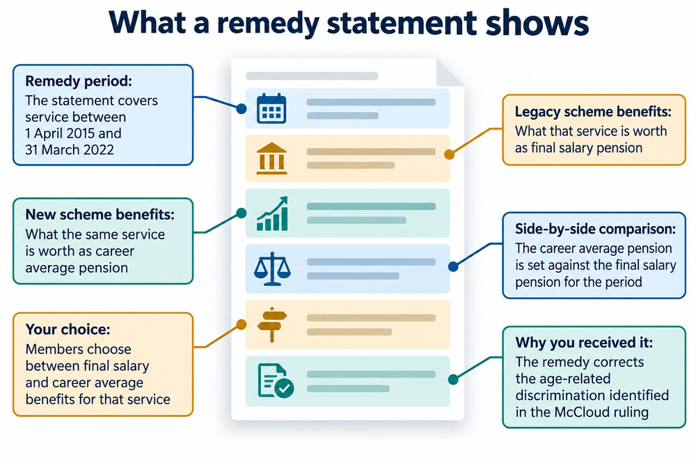 An example of a remedy statement, showing a member's legacy and reformed scheme benefits for the remedy period side by side.
