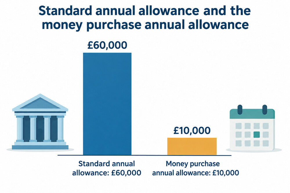 A bar showing the standard £60,000 annual allowance next to the £10,000 money purchase annual allowance