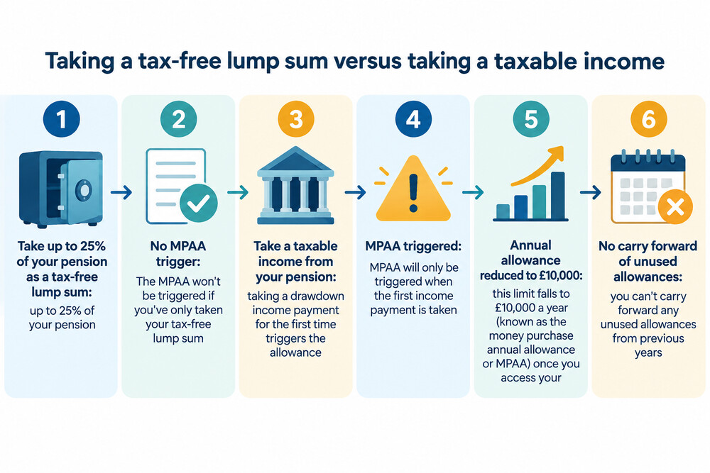 A simple diagram showing a pension pot splitting into a tax-free lump sum and a taxable income stream, with only the income stream triggering the reduced allowance