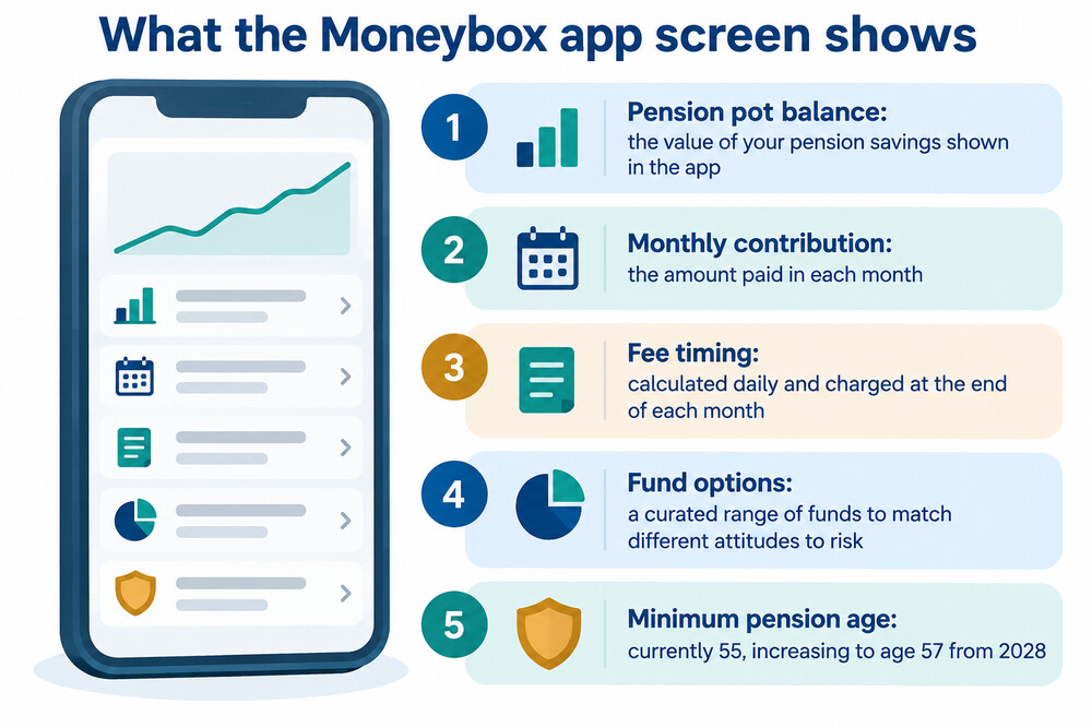 A phone screen showing a pension pot balance and a monthly contribution