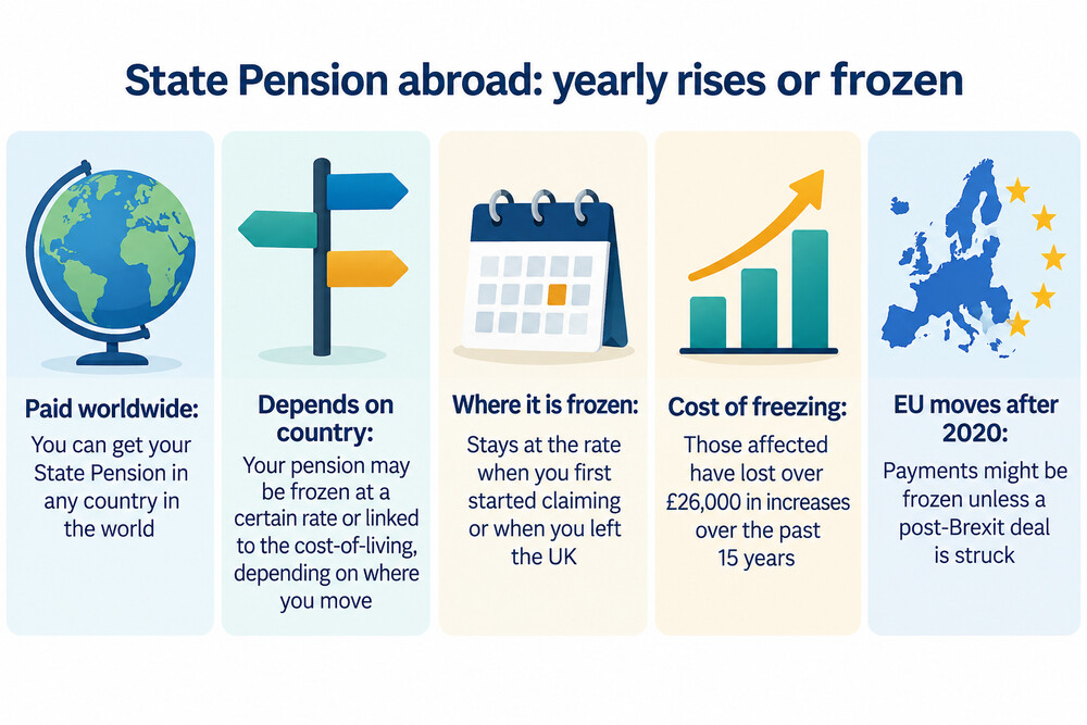 A map-style illustration contrasting countries where the UK State Pension rises each year with countries where it is frozen at the first rate paid