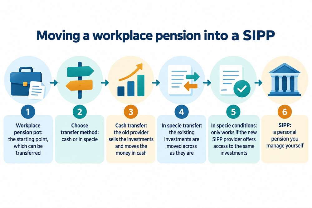 A simple diagram showing a workplace pension pot moving either as cash or as investments into a SIPP
