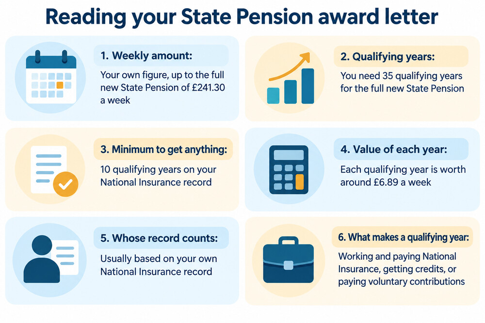 A State Pension award letter showing the weekly amount and payment day