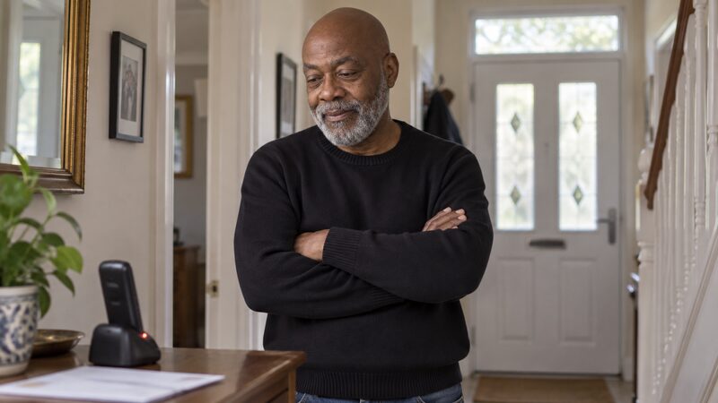 A retired man stands in his hallway looking at a ringing cordless phone.