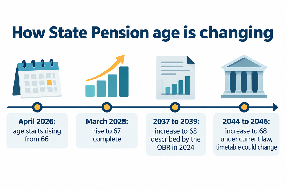 Timeline of State Pension age changes from 66 to 67 and then 68