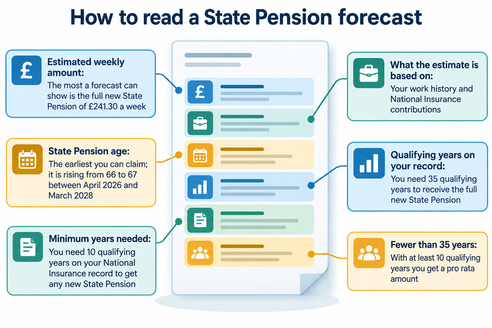 A screenshot of the online State Pension forecast service showing a predicted weekly amount and State Pension age