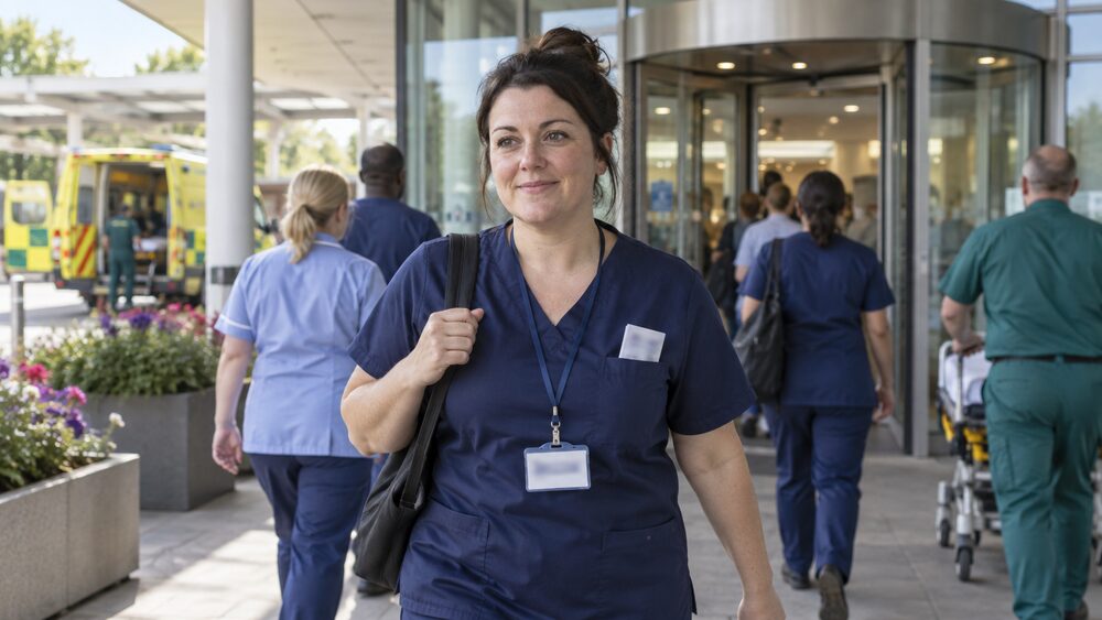 Nurse in scrubs walks toward hospital revolving doors among other staff.