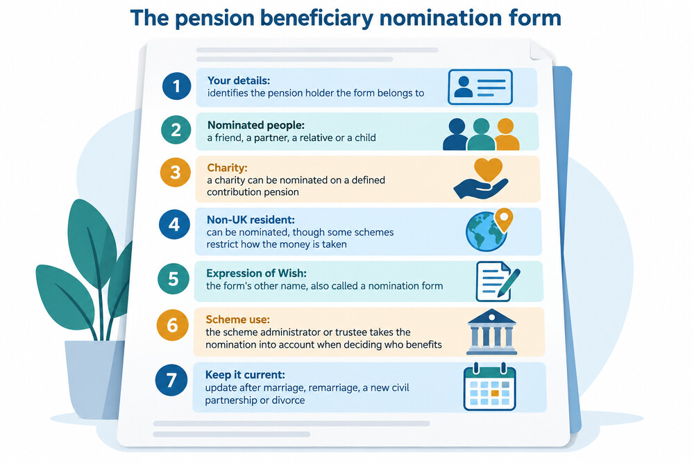 A pension holder completing a beneficiary nomination form online, with a list of named people and a charity