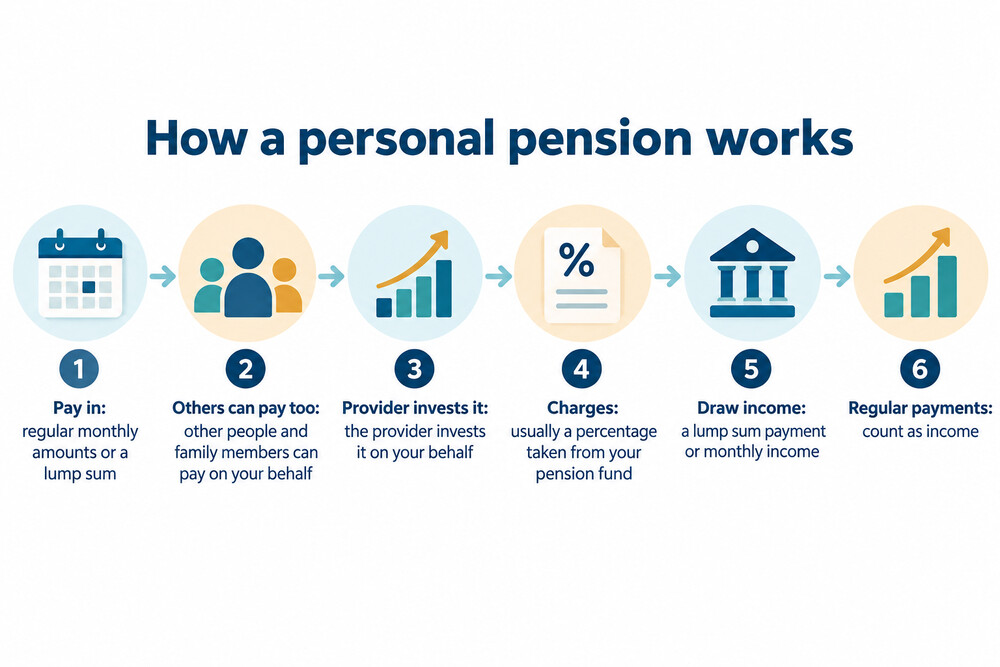 A simple flow showing money going from a saver into a Nutmeg pension, being invested in a managed portfolio, and later being drawn as income