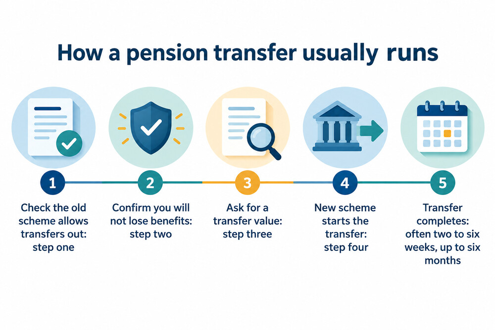 A timeline showing the stages of a pension transfer, from requesting a transfer value to the money arriving in the new scheme