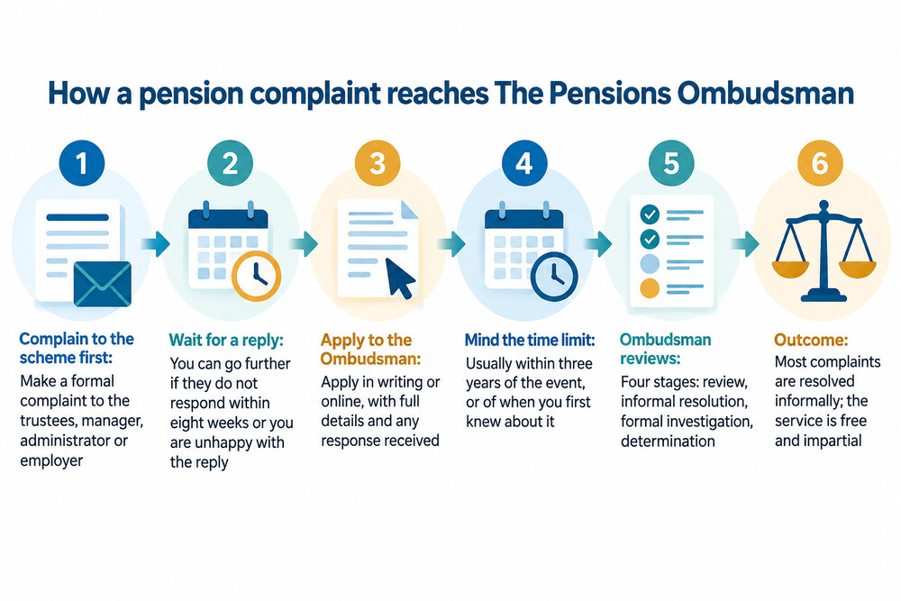 A diagram showing the route a pension complaint takes, from the scheme to the Ombudsman