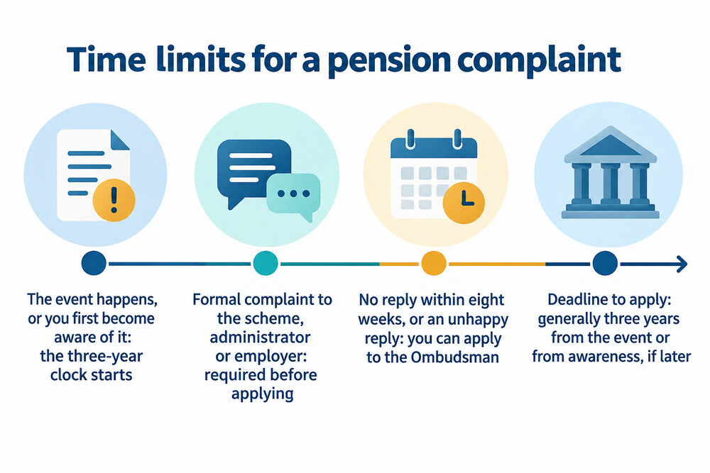 A timeline from the event, through the complaint to the scheme and the eight-week wait, to applying to the Ombudsman within three years