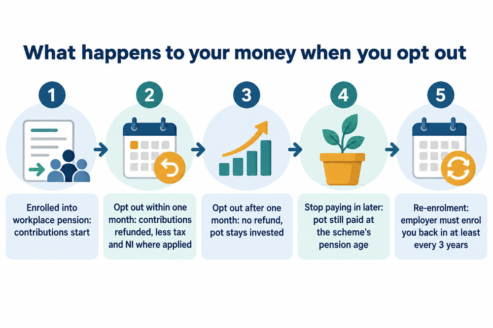 A flow showing what happens to contributions inside and outside the opt-out window