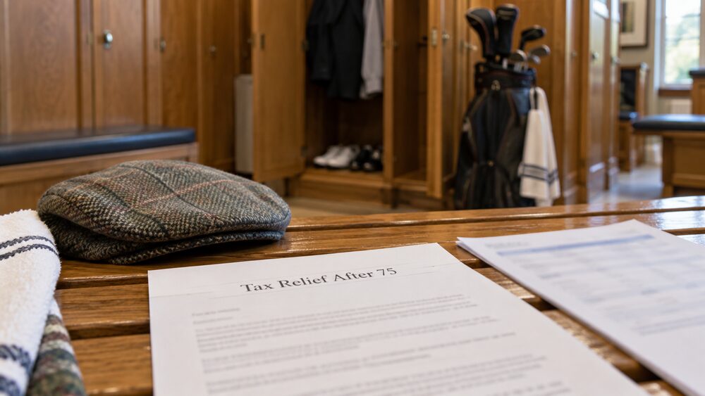 Birthday card and pension brochure on a sideboard beside glasses and cake.