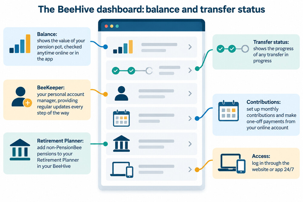 A PensionBee dashboard showing a balance and a transfer in progress