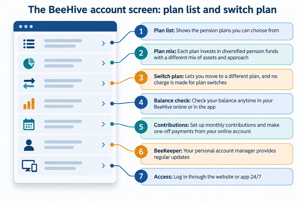 A PensionBee account screen showing the plan list and a switch plan option
