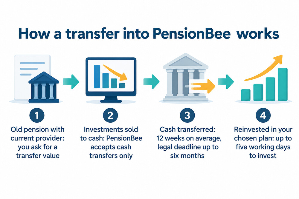 A simple flow showing an old pension being sold to cash, transferred and reinvested
