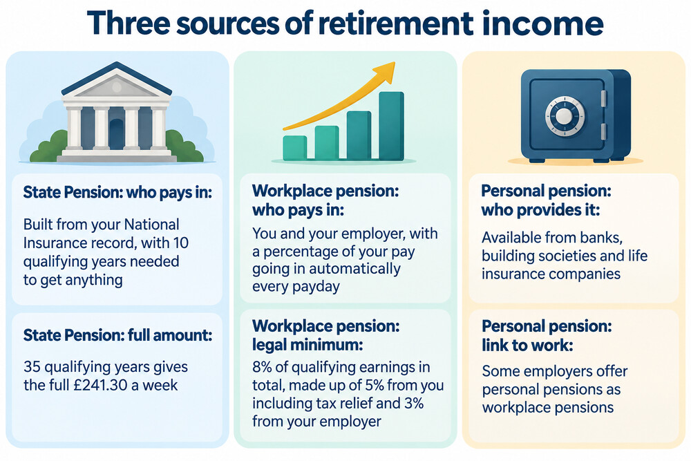 A simple diagram-style illustration showing three pension types side by side: the State Pension from government, a workplace pension shared between employee and employer, and a personal pension arranged by the individual