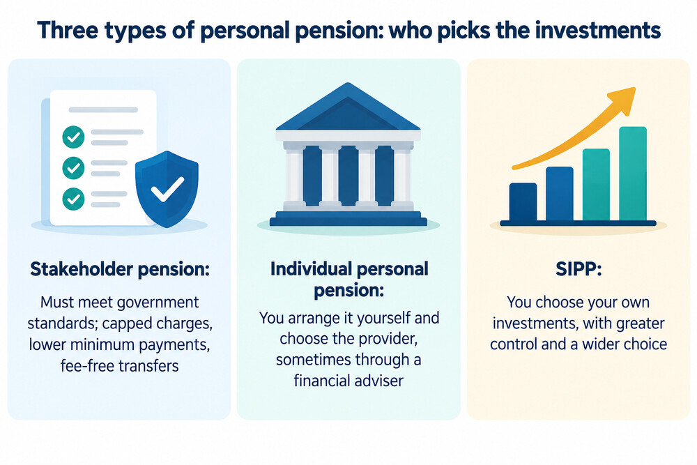 A side-by-side comparison card showing a personal pension, a stakeholder pension and a SIPP, with their main features listed under each