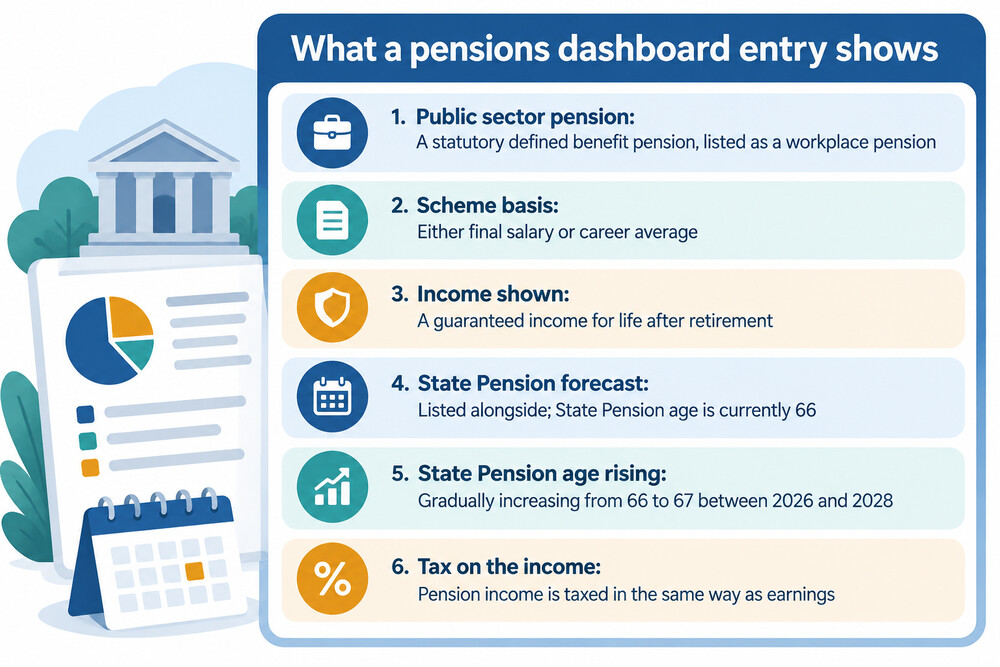 A mock-up of a pensions dashboard screen showing a public sector pension, a private pension and the State Pension listed together with their values