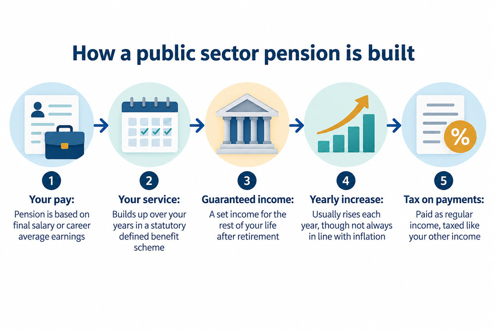 A diagram-style illustration showing an employee, an employer and tax revenue all paying into a public sector pension scheme, which then pays a guaranteed income to the retiree