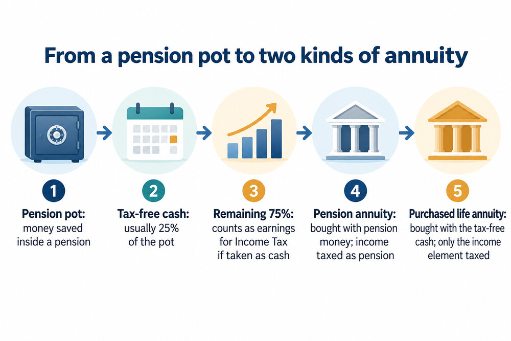 A pension pot split into tax-free cash and the taxable remainder, with the tax-free cash going to a purchased life annuity