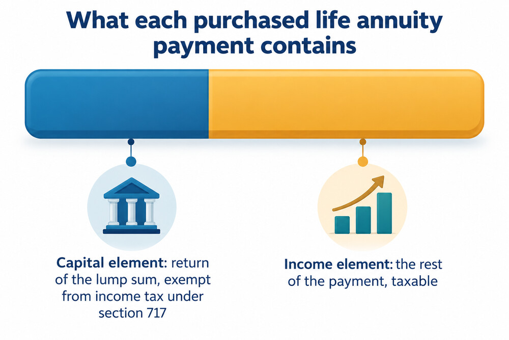 An annuity payment divided into a tax-free capital part and a taxable income part