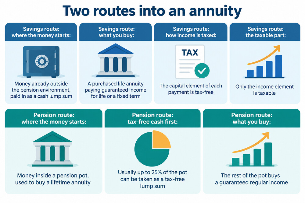 A side-by-side illustration showing money flowing from a pension pot into a pension annuity, and money flowing from a savings account into a purchased life annuity