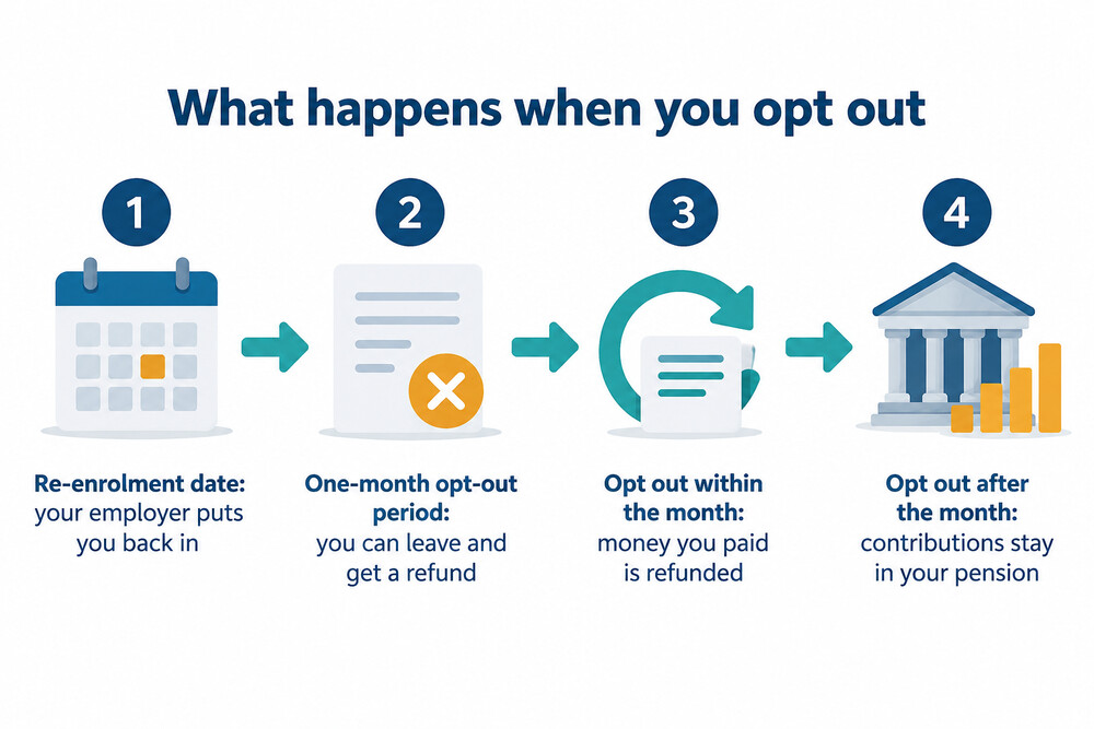 A flow diagram showing the one-month opt-out window, with a refund inside it and no refund after it